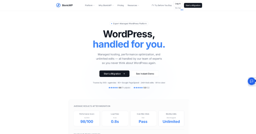 BionicWP managed WordPress hosting platform interface